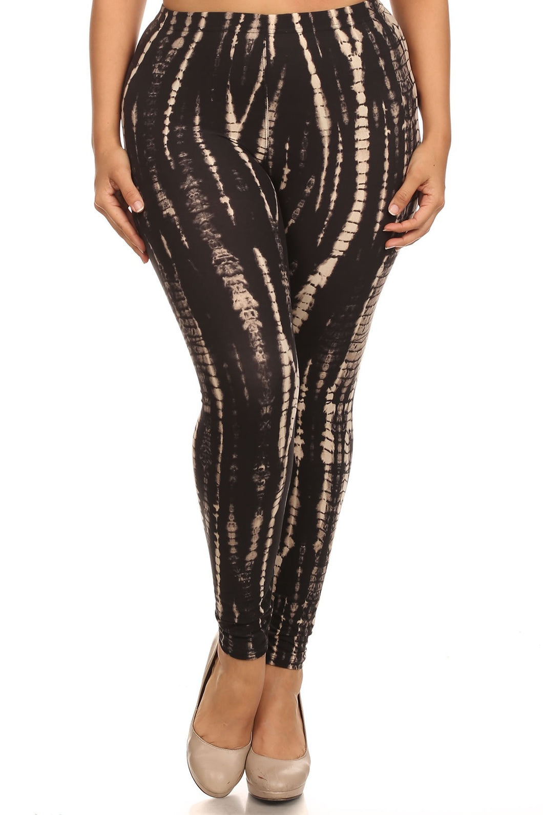 Plus Size Black & Tan tie dye Cropped Leggings With Banded High Waist